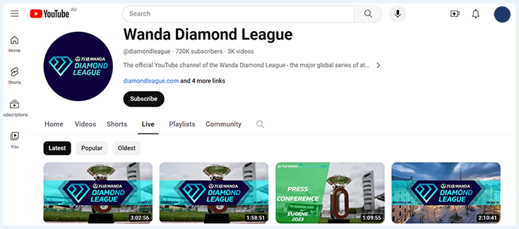 A screenshot of the Diamond League YouTube channel unblocked in Australia with free live streams of various meets.