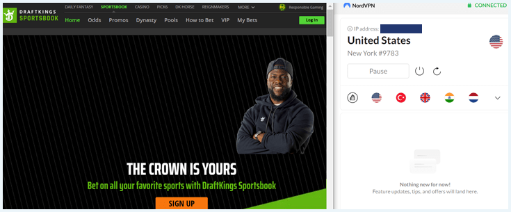 DraftKings website and NordVPN app connected to server in United States