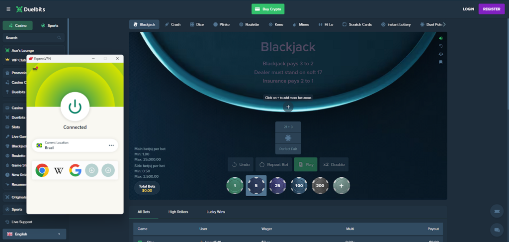 Duelbits unblocked with ExpressVPN, while connected to Brazil