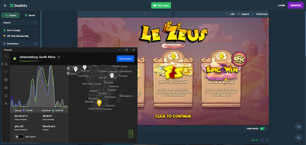 Duelbits unblocked with IPVanish's South African server