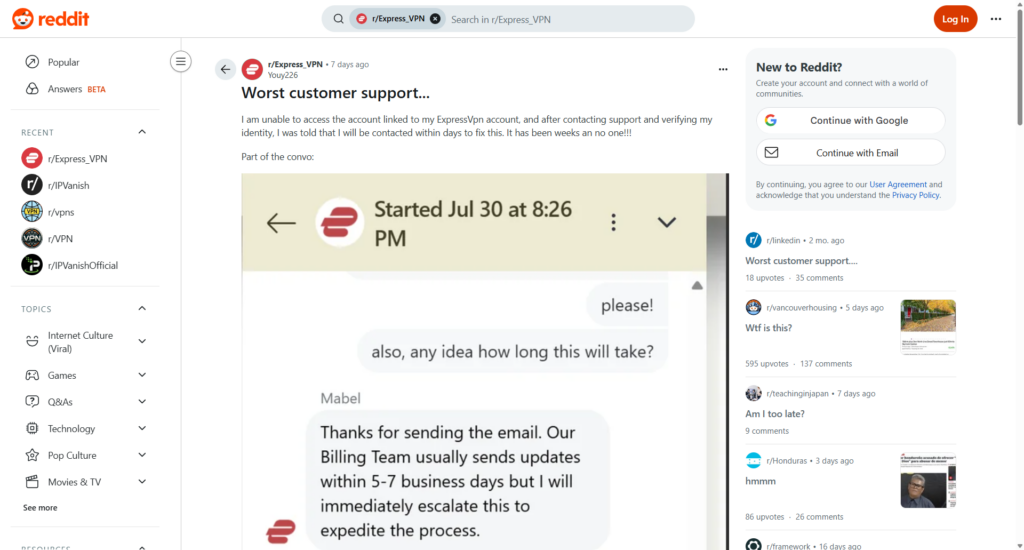 Reddit complaint on ExpressVPN customer support