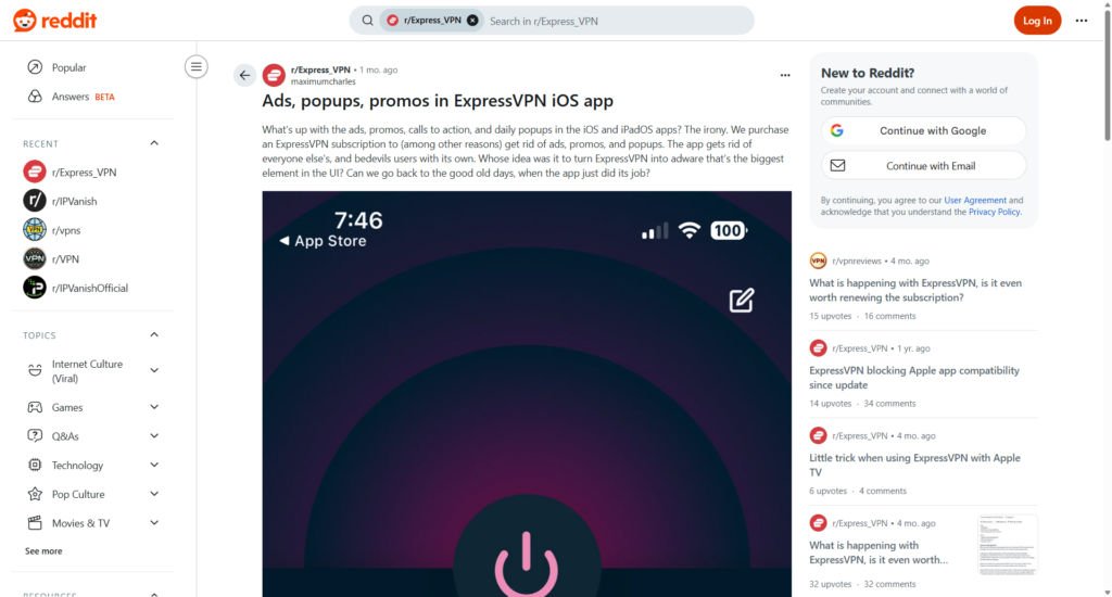 Reddit complaint on ExpressVPN pop-ups