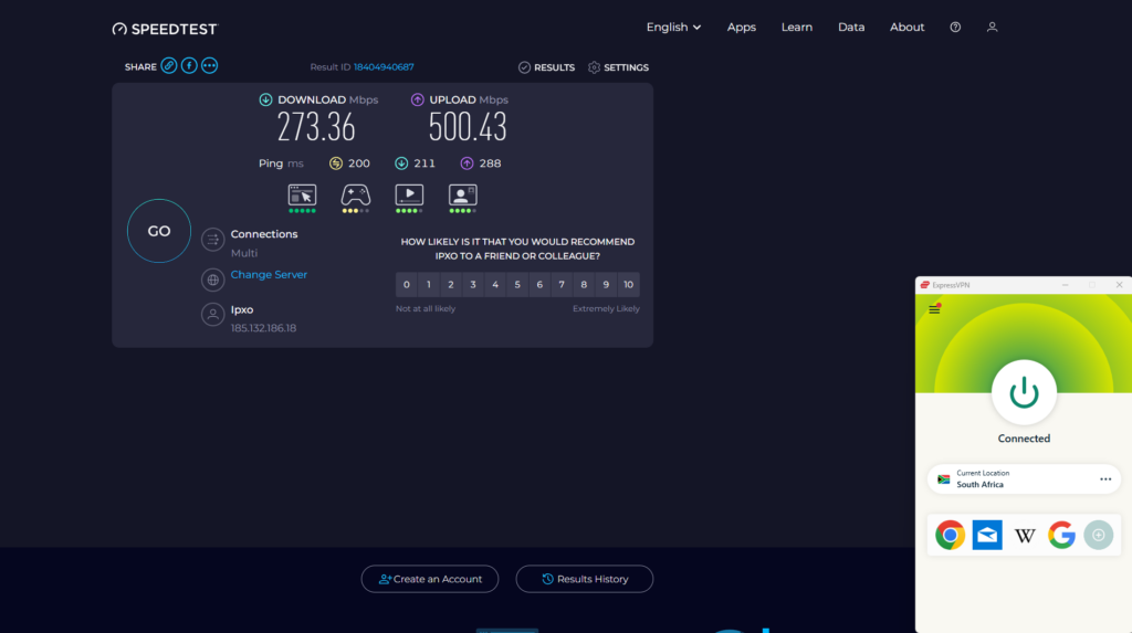 ExpressVPN speed test with South Africa server. Baseline speeds - 3ms, 466.29 Mbps download, 582.28 Mbps upload