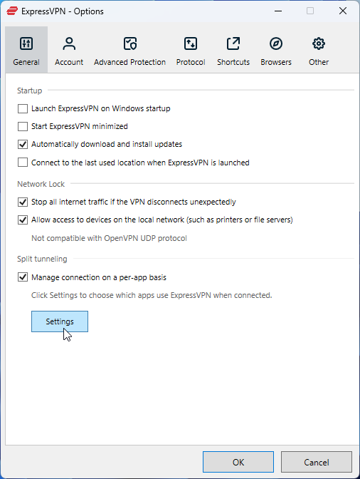 ExpressVPN split tunneling settings