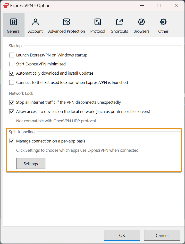ExpressVPN split tunneling options