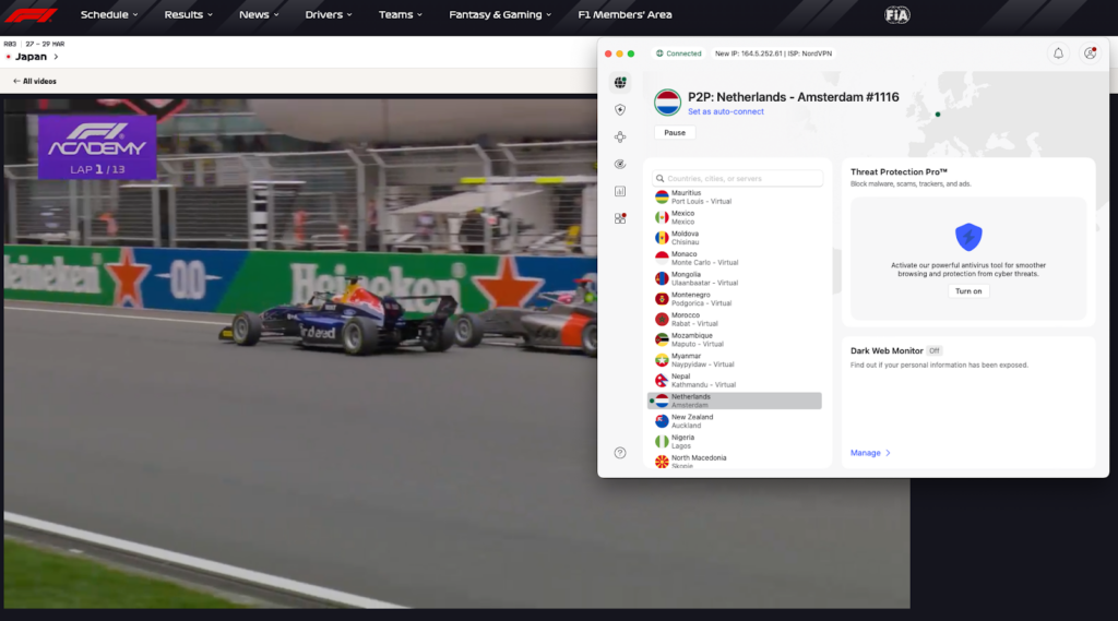 F1 TV Pro unblocked with NordVPN
