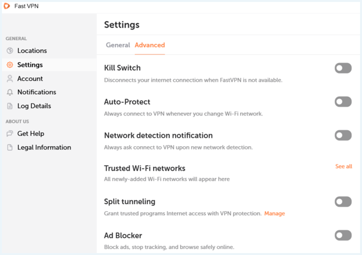Screenshot of the advanced settings in the FastVPN app