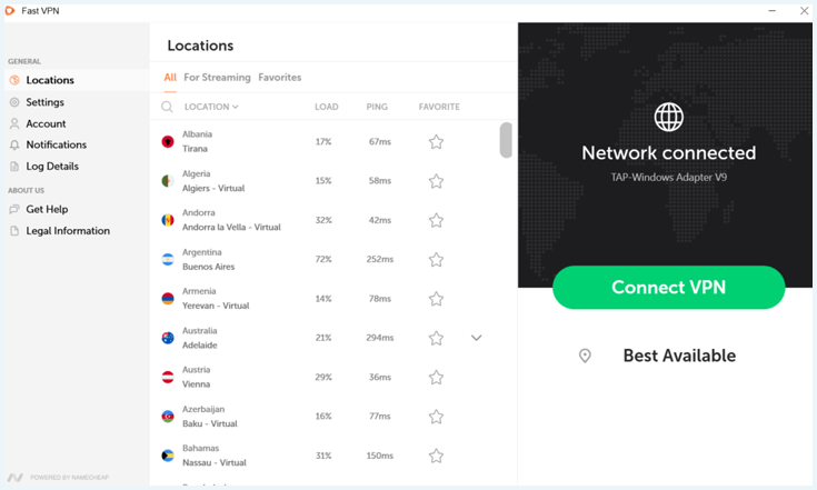 FastVPN app, not yet connected to a server