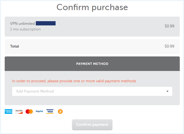 Page on the FastVPN website when purchasing a subscription where you need to confirm payment