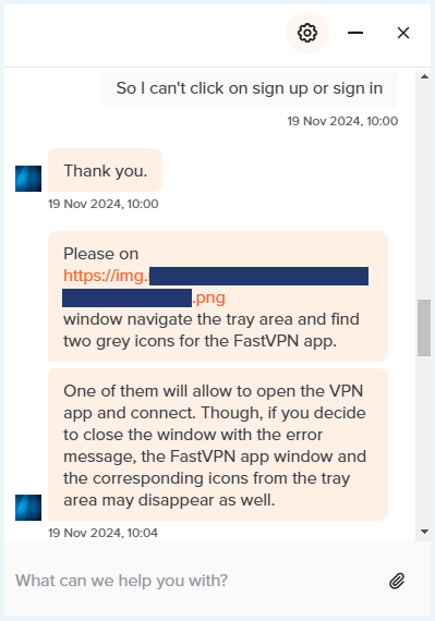Screenshot of a conversation with FastVPN customer service regarding an issue