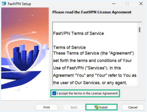 Screenshot of a page during FastVPN installation where you have to accept the license agreement