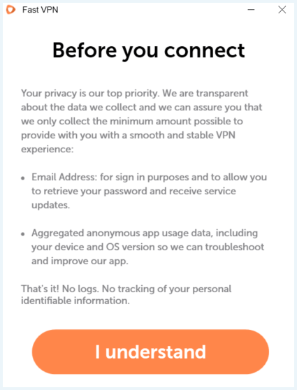 FastVPN notification during installation process describing what information is collected