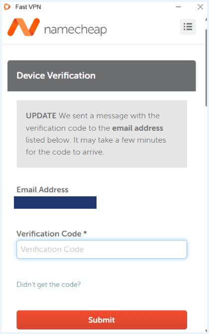 Screen you see during the FastVPN installation process, where you have to enter a verification code sent to your email