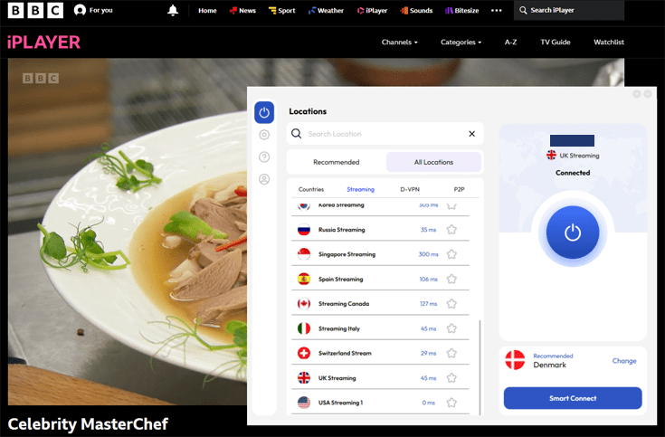 BBC iPlayer streaming Celebrity MasterChef with FastestVPN connected to the UK streaming server