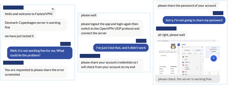 Screenshots of my conversation with FastestVPN's support agent