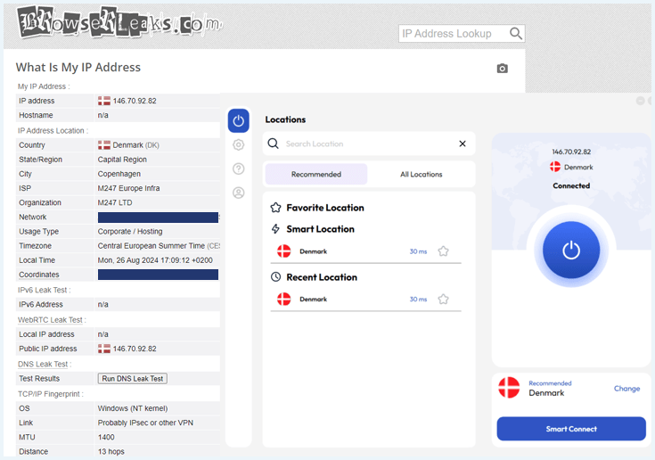 An IP check performed with the Danish server of FastestVPN