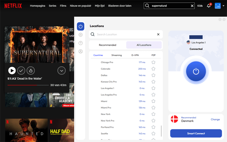 Supernatural on Netflix with FastestVPN connected to a server in Los Angeles