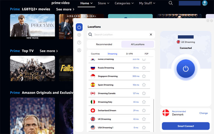 Prime Video with FastestVPN connected to the UK Streaming server