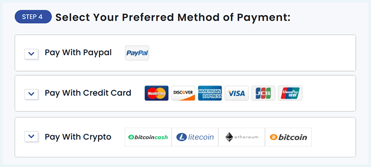 A screenshot of the FastestVPN sign-up process with the different methods of payment visible.