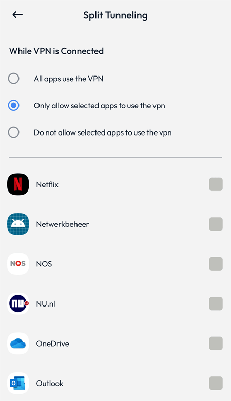 Screenshot of the split tunneling option in the FastestVPN app on Android