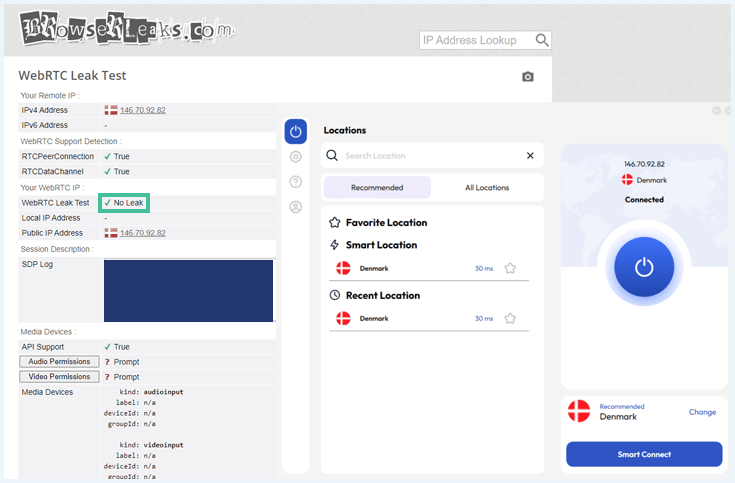 A WebRTC Leak Test performed with a Danish FastestVPN server, no leaks found