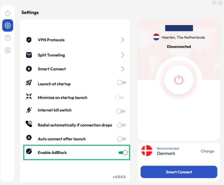 A screenshot of the FastestVPN app with the adblocker highlighted
