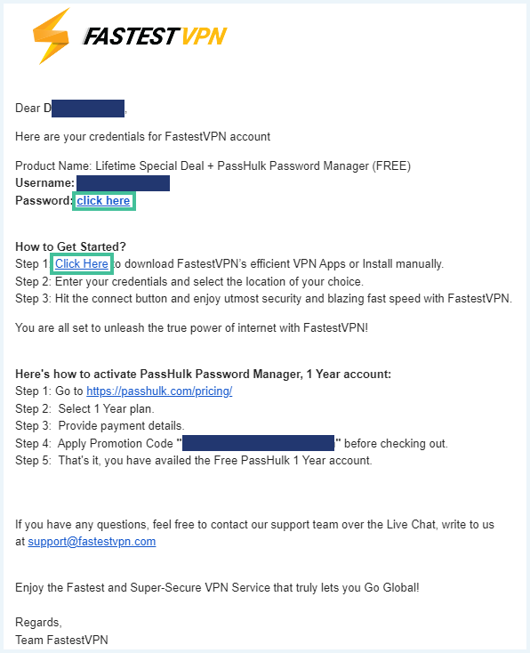Screenshot of the e-mail you receive from FastestVPN after purchasing the VPN. Contains guidelines for installation.