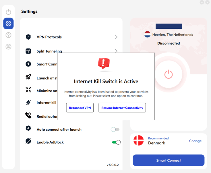 Screenshot of the FastestVPN app when internet kill switch is activated