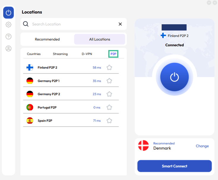A screenshot of the FastestVPN app connected to a P2P server in Finland with 'P2P' highlighted