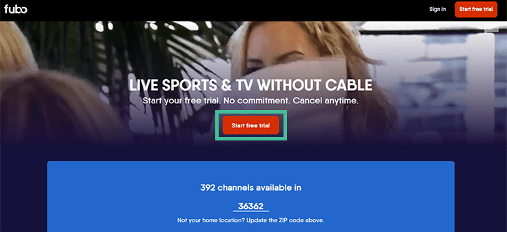 Fubo home page with an orange, highlighted Start Free Trial button.