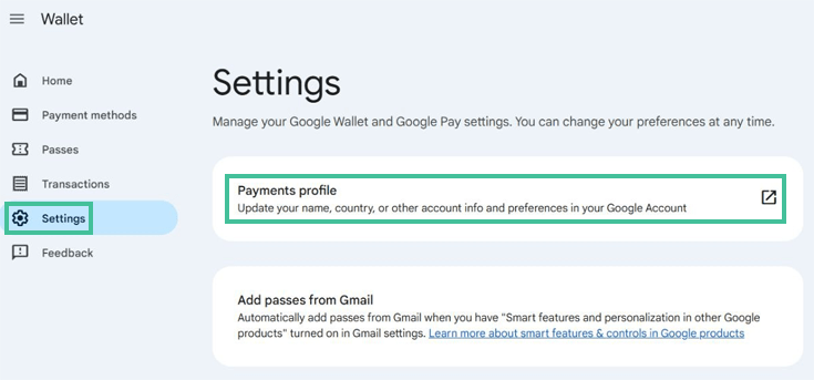 Settings from Google Pay where you can update Payments profile