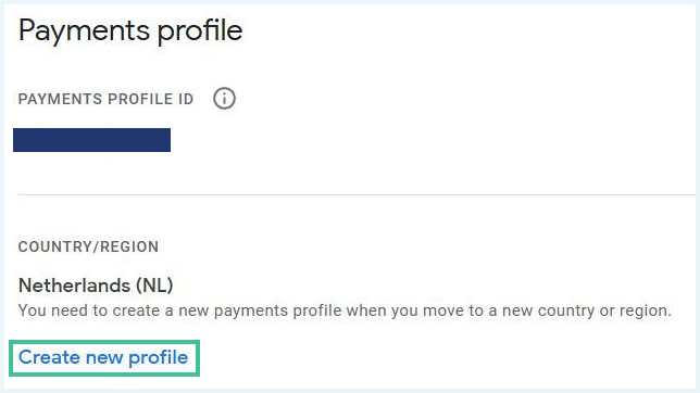 Payments profile from Google Play where you can create a new profile
