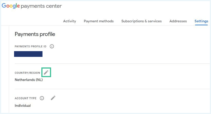Payments profile from Google payments center where you can change country/region