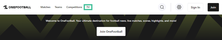 Homepage OneFootball.com with the item 'TV' highlighted
