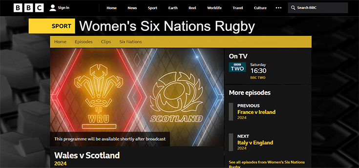 A screenshot of the Women's Six Nations on BBC iPlayer