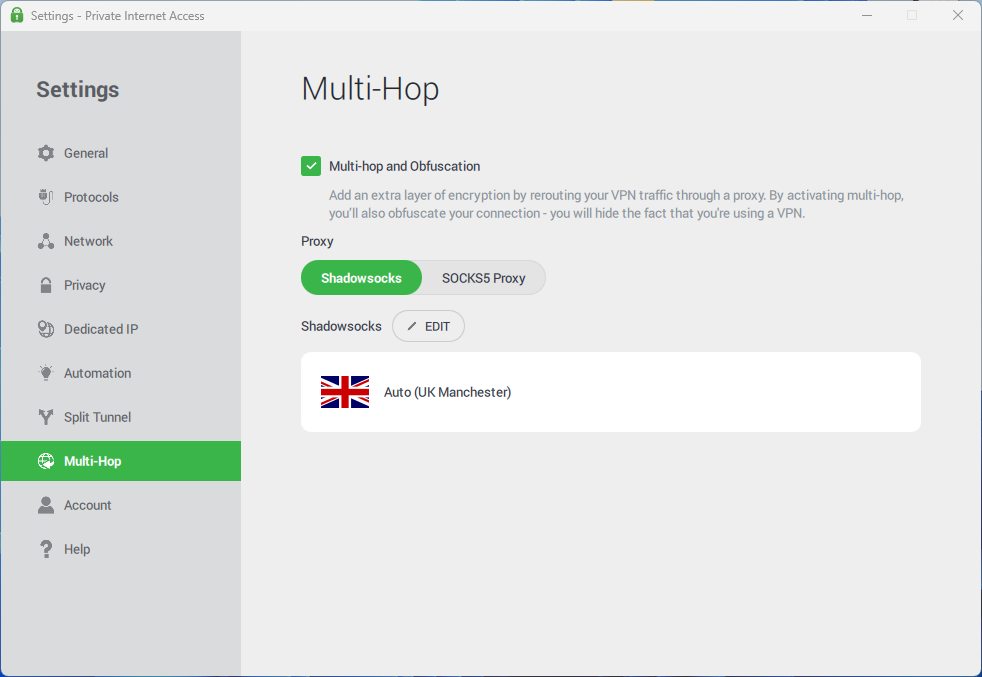 How to turn on Multi-Hop feature in PIA's settings