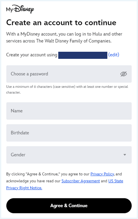Subscription form to create a MyDisney account