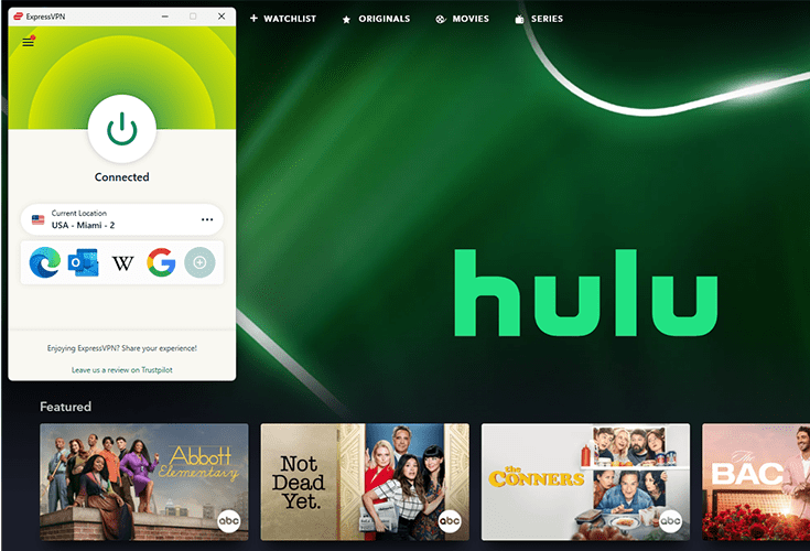 Hulu's homepage with ExpressVPN in the foreground for watching March Madness.