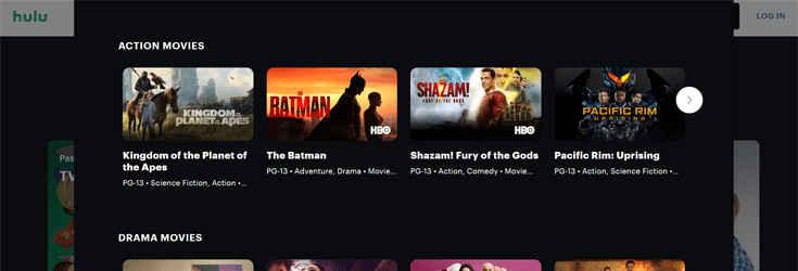 Screenshot of the Hulu homepage