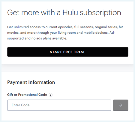 A field to fill out a gift card or promotional code on the Hulu website