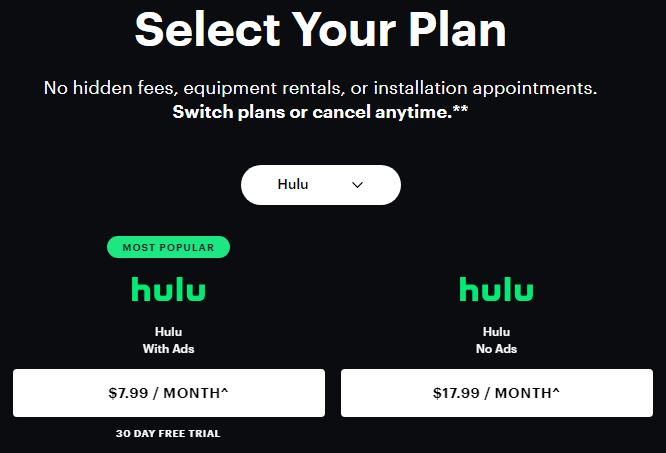 Overview of the different Hulu subscriptions