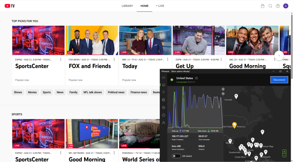 Unblocking YouTube TV using IPVanish