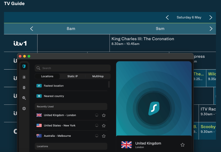 ITV TV Guide displaying King Charles III coronation on ITV1 with Surfshark VPN.