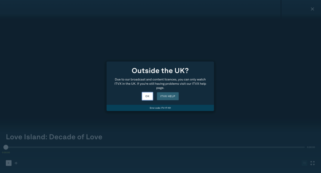 ITVX blocked outside of the UK error message