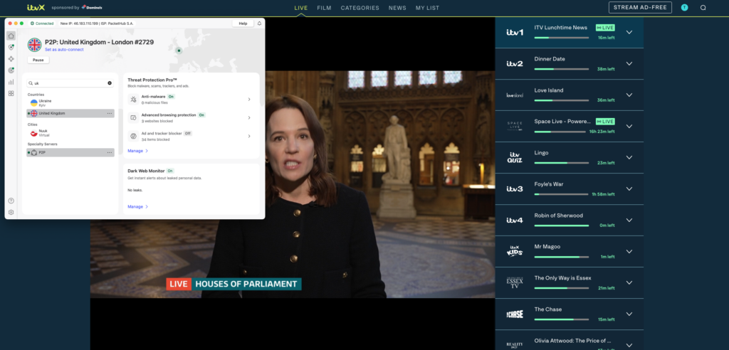 NordVPN's UK server unblocked ITV
