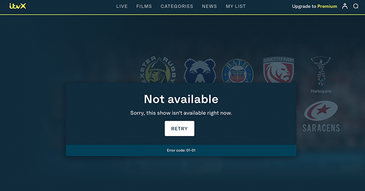 Screenshot of error on ITVX website when you're outside the UK