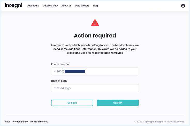 A screenshot of Incogni's dashboard for providing additional information