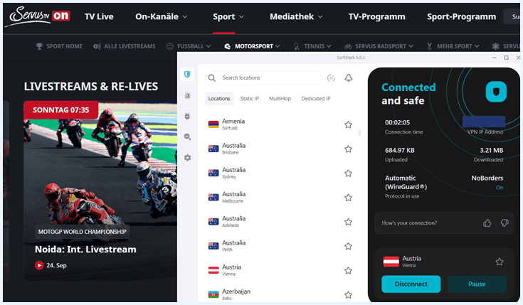 Indian MotoGP landing page on Servus TV with Surfshark Austrian connection.