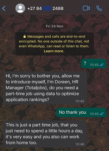 A screenshot of a fake job phishing scam