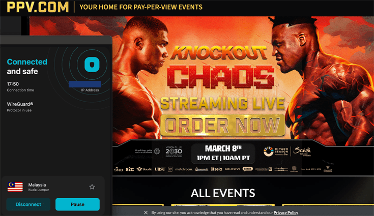 Anthony Joshua vs. Francis Ngannou Knockout Chaos landing page on PPV.com with Surfshark connected to Malaysia.